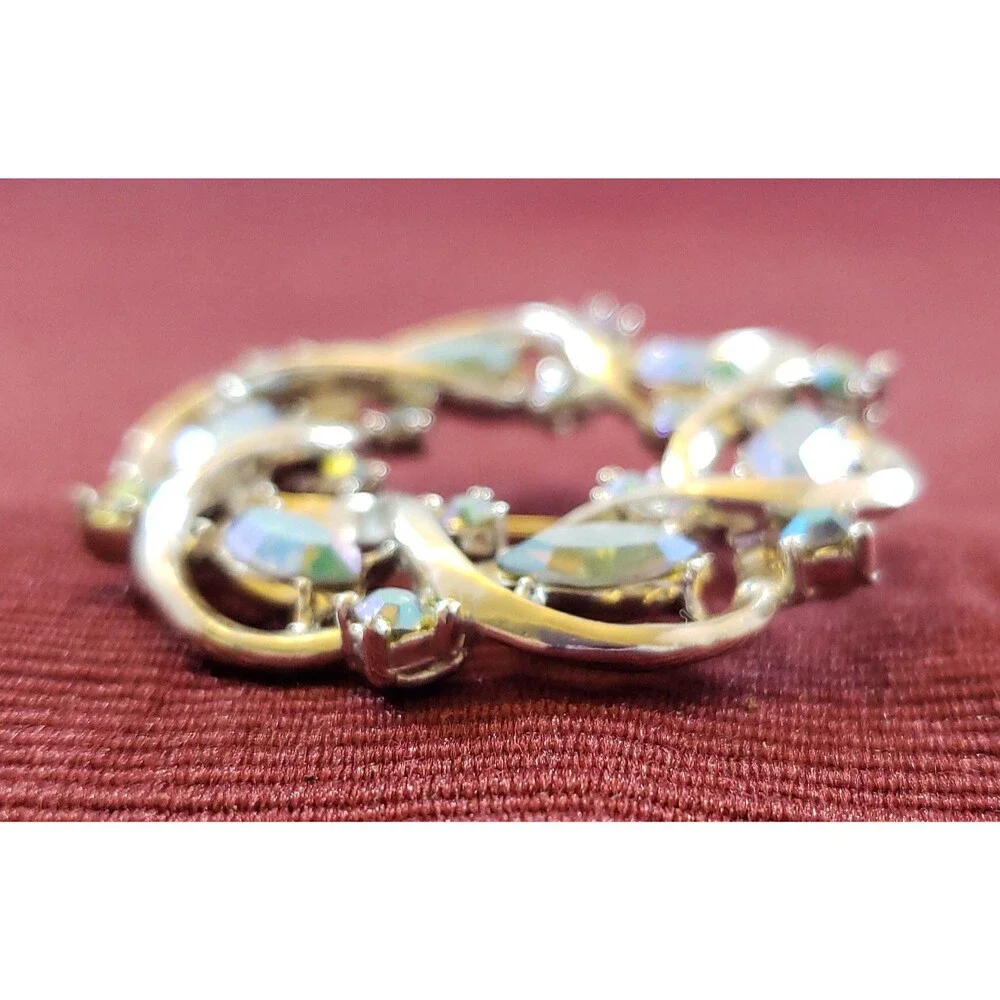 Vintage Unsigned Round Metal Brooch/Pin, Silver Tone Ribbon, Blue Rhinestones